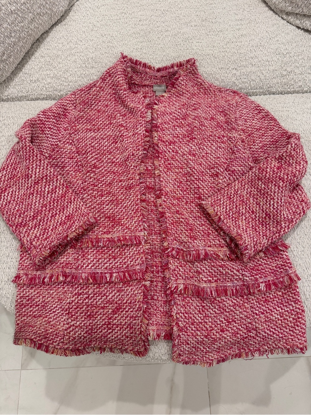 Chico's Pink Tweed Fringe Open Front Jacket